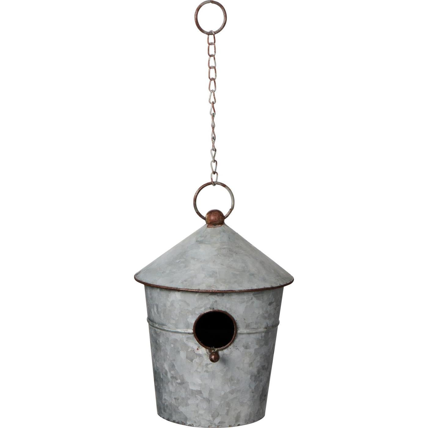 Metal birdhouse with a hanging chain on a white background