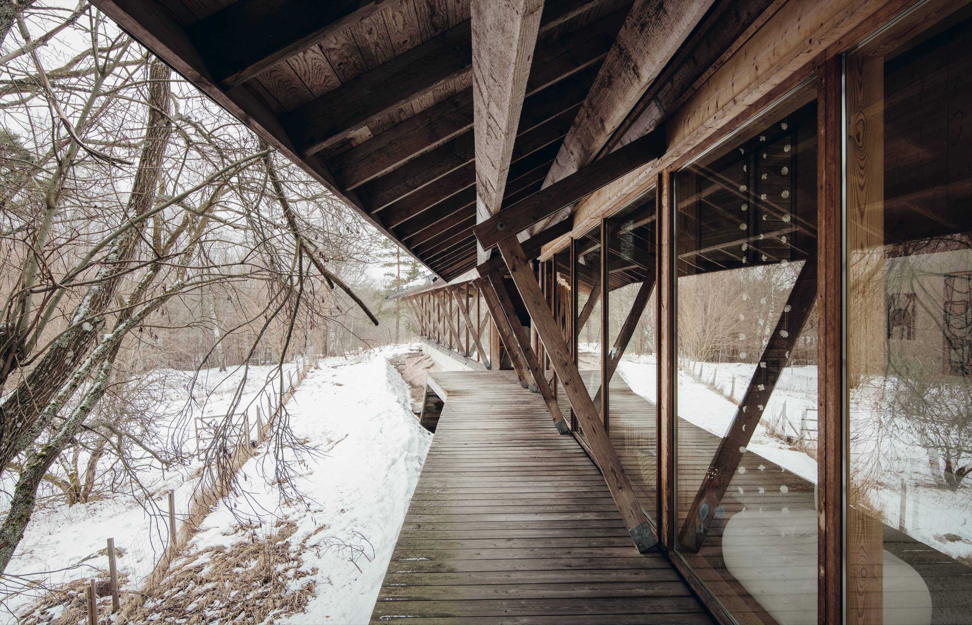 Wooden cabin with glass walls in a snowy forest setting