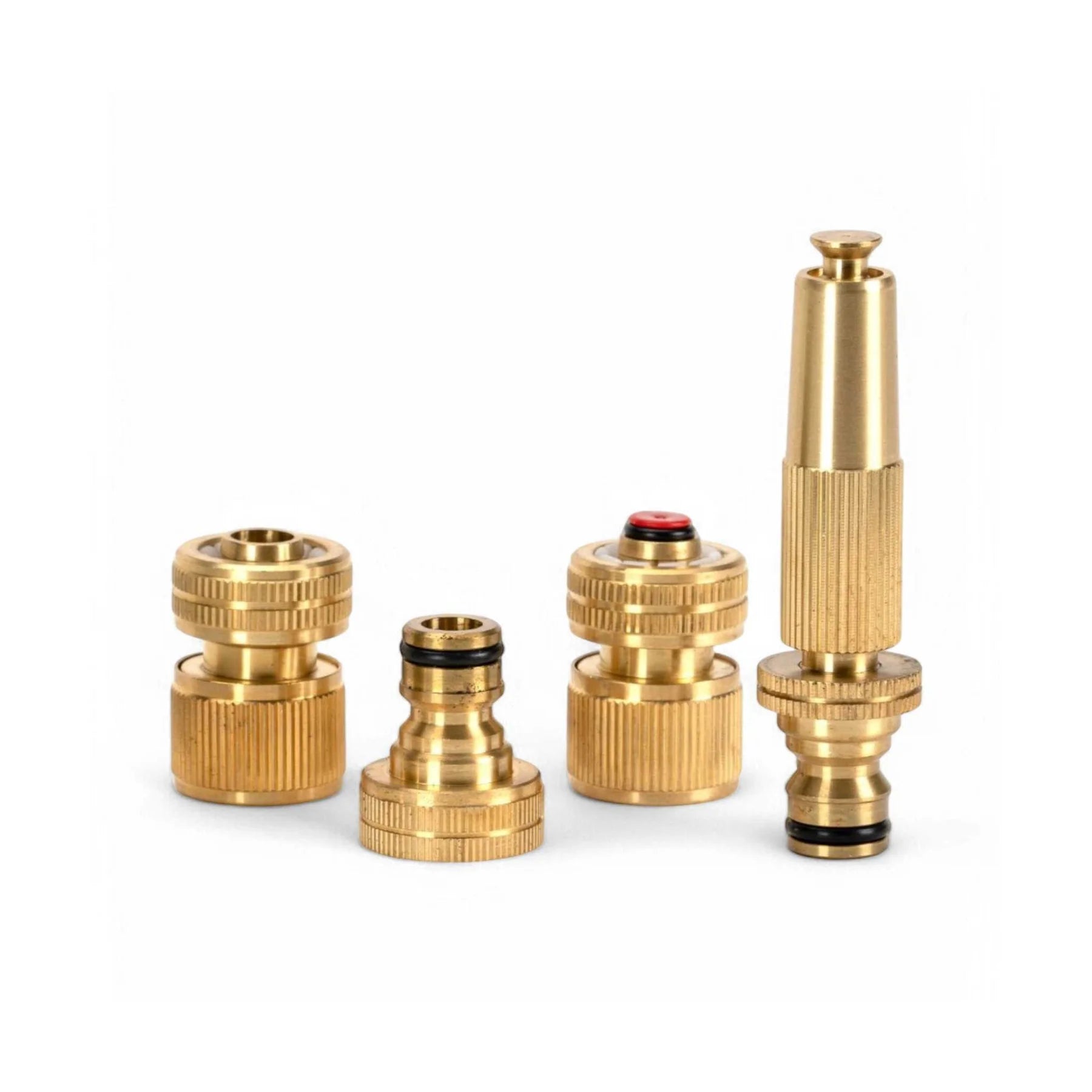 Set of brass garden nozzles on a white background