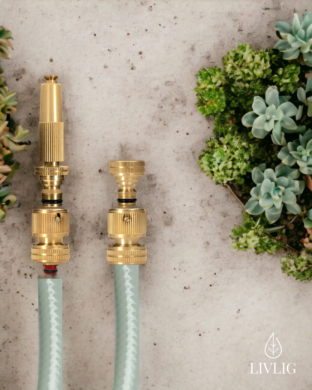 Two brass garden nozzles on light green hoses with a textured stone background and greenery.
