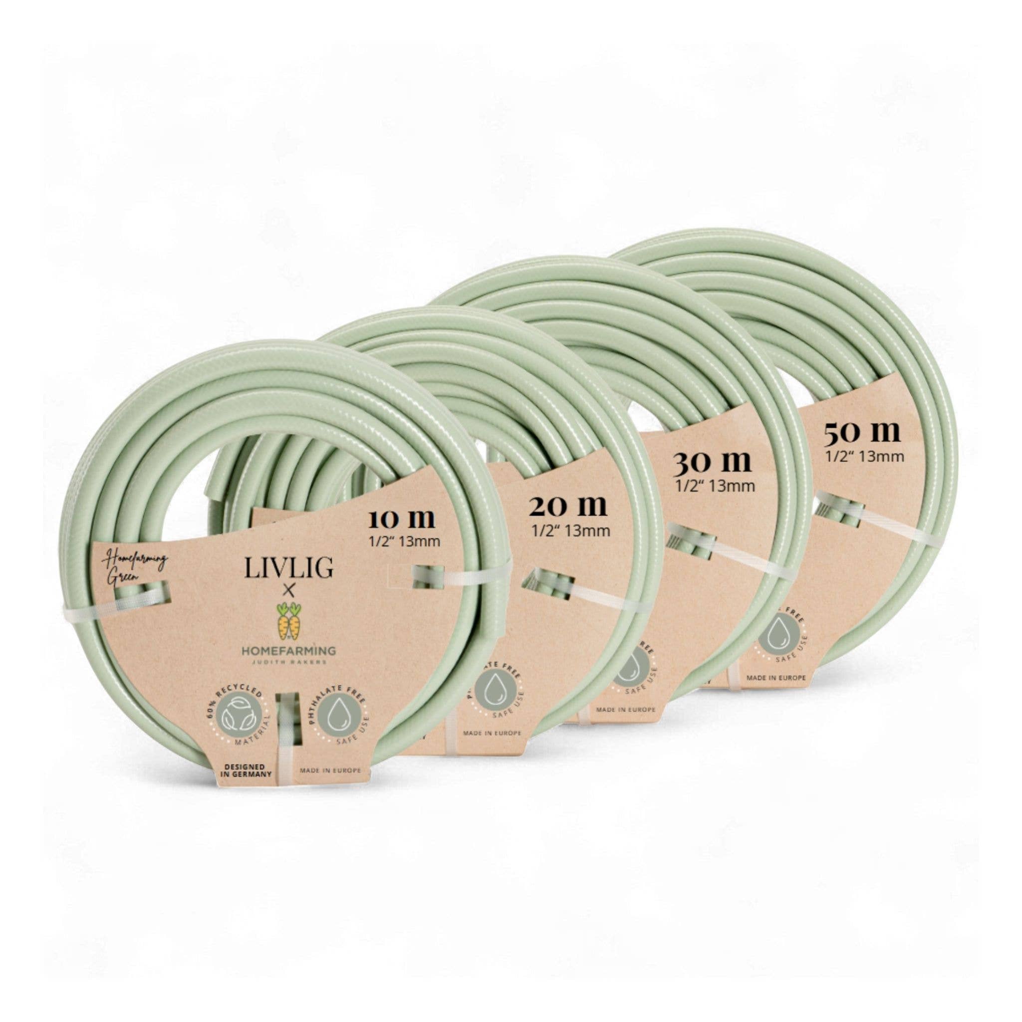 Set of green hoses with labels indicating length on a white background