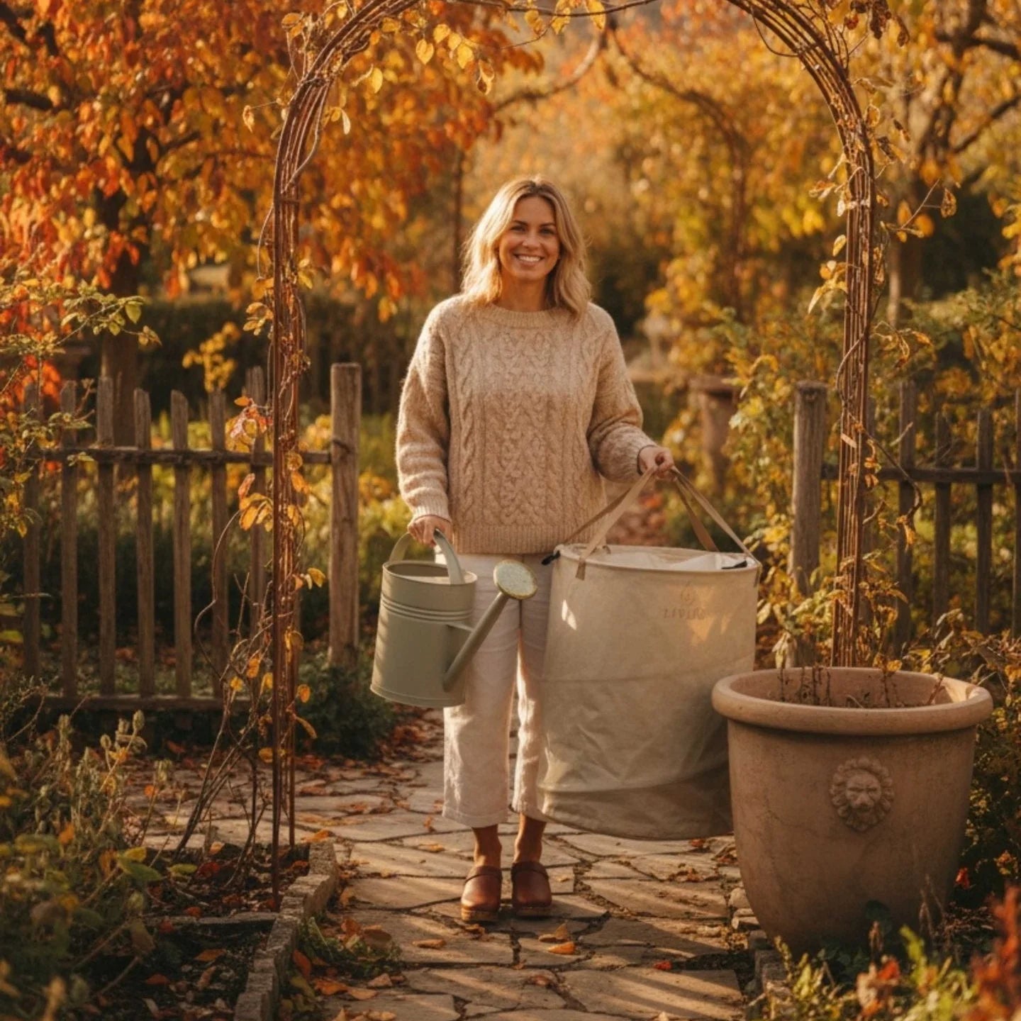 Woman holding a watering can and a basket in an autumn garden.