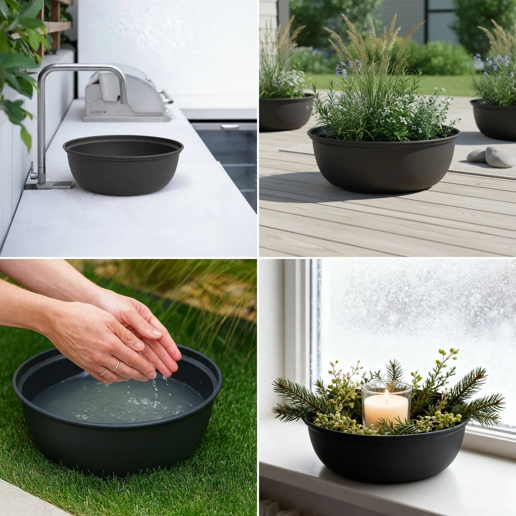 Collage of black planters used for various purposes including outdoor and indoor settings.