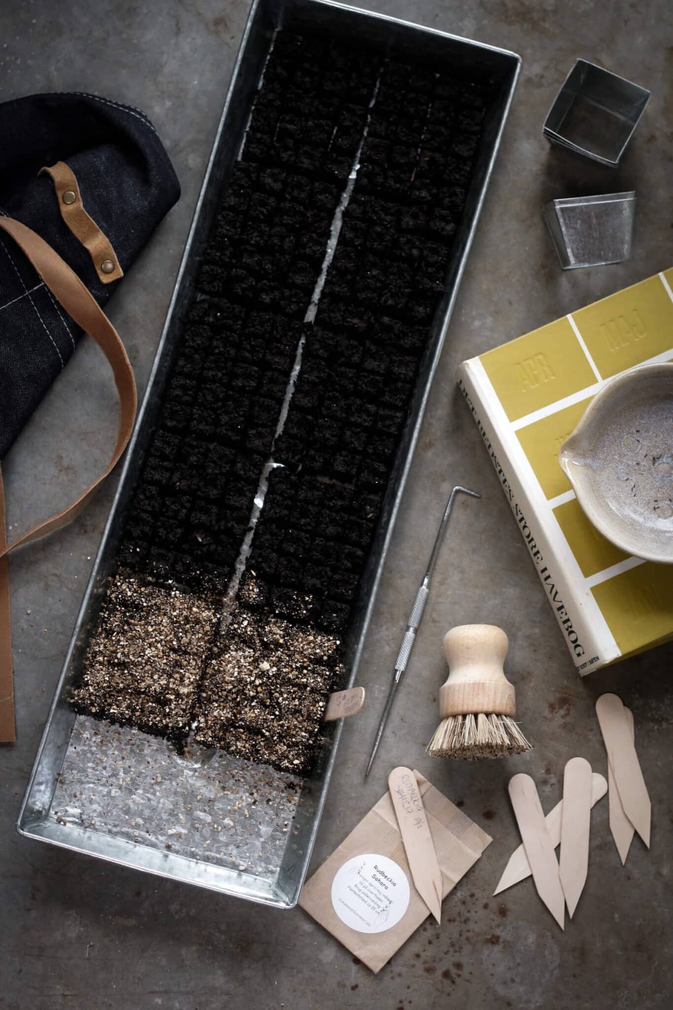 Seed starting tray with soil, small tools, and a book on a concrete surface