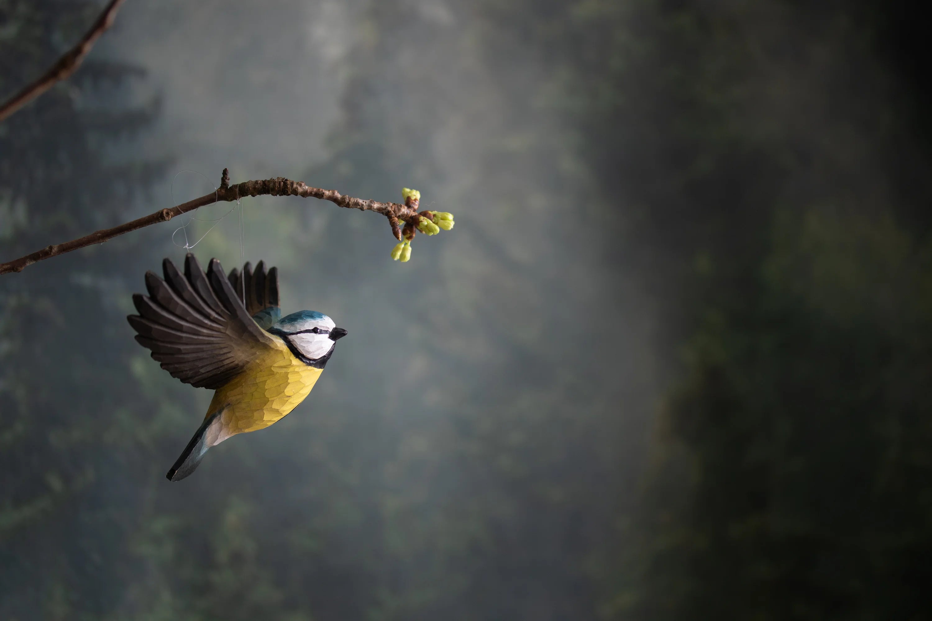 Carved Flying Blue Tit
