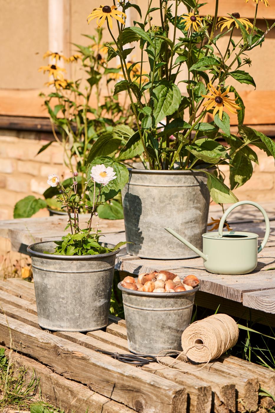 Metal planters with flowers and a watering can on a wooden surface outdoors.