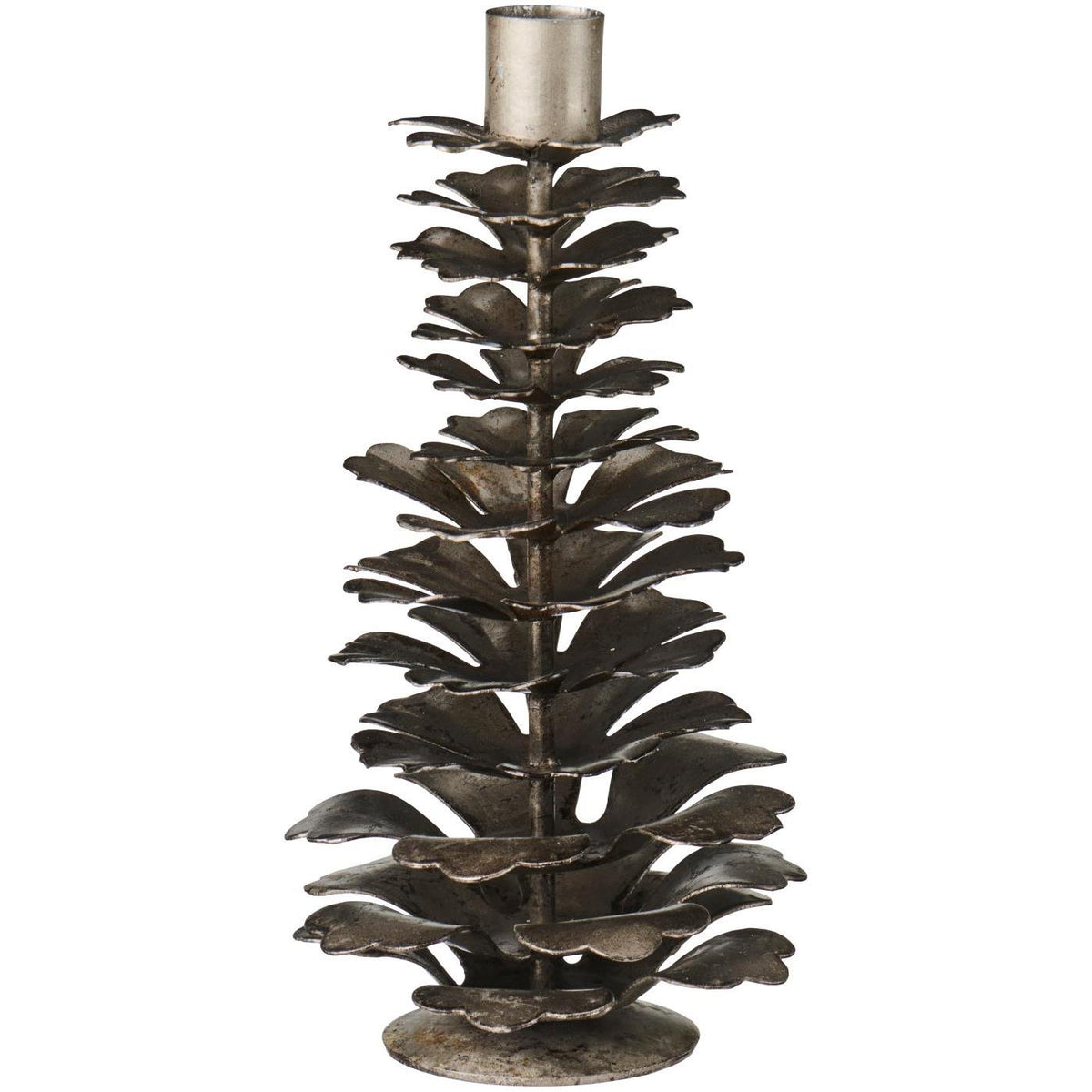 Brass pinecone-shaped candle holder in an aged silver-tone metal finish on a white background