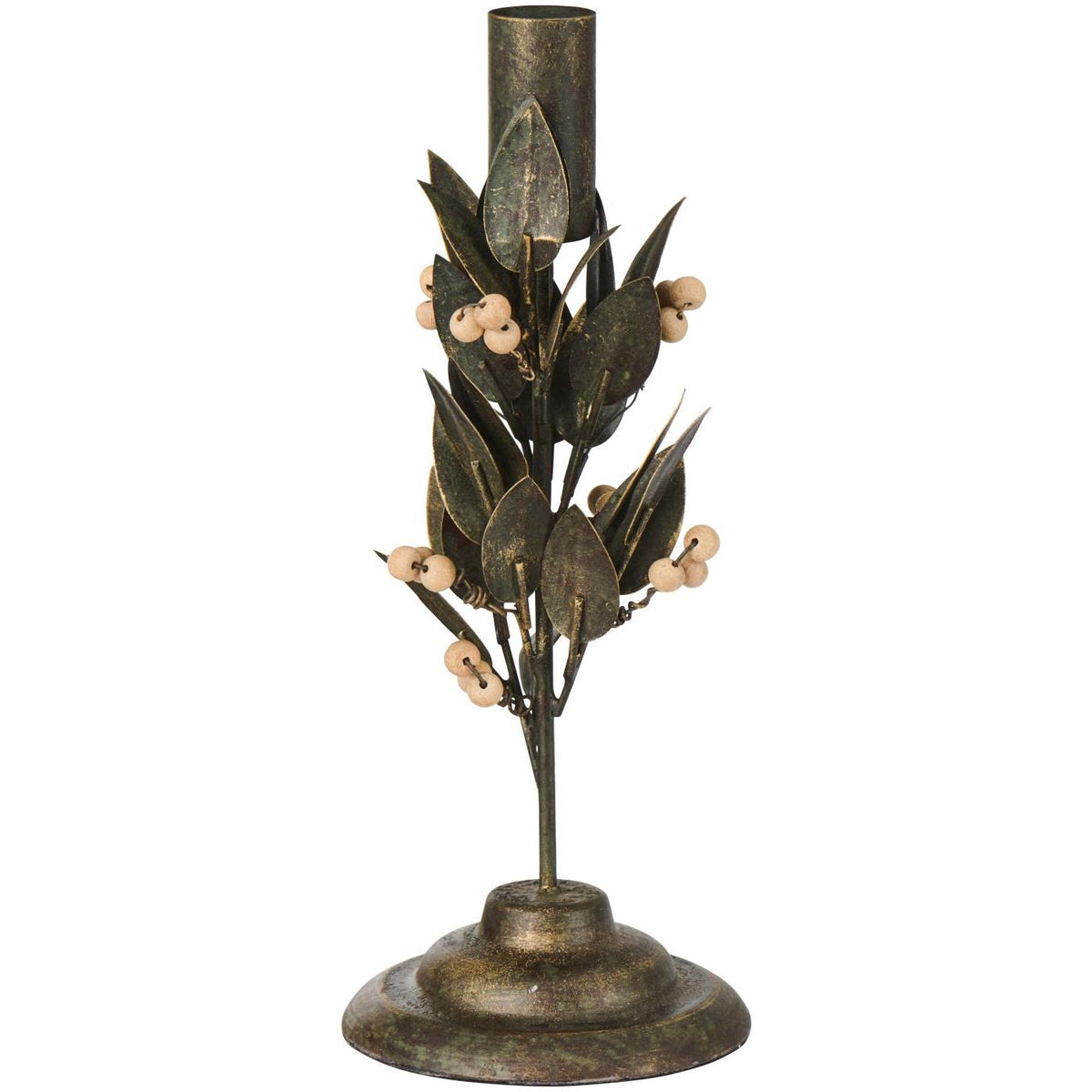 Dark antiqued metal candle holder shaped like a leafy branch with light wooden beads and a candle socket at the top, on a white background