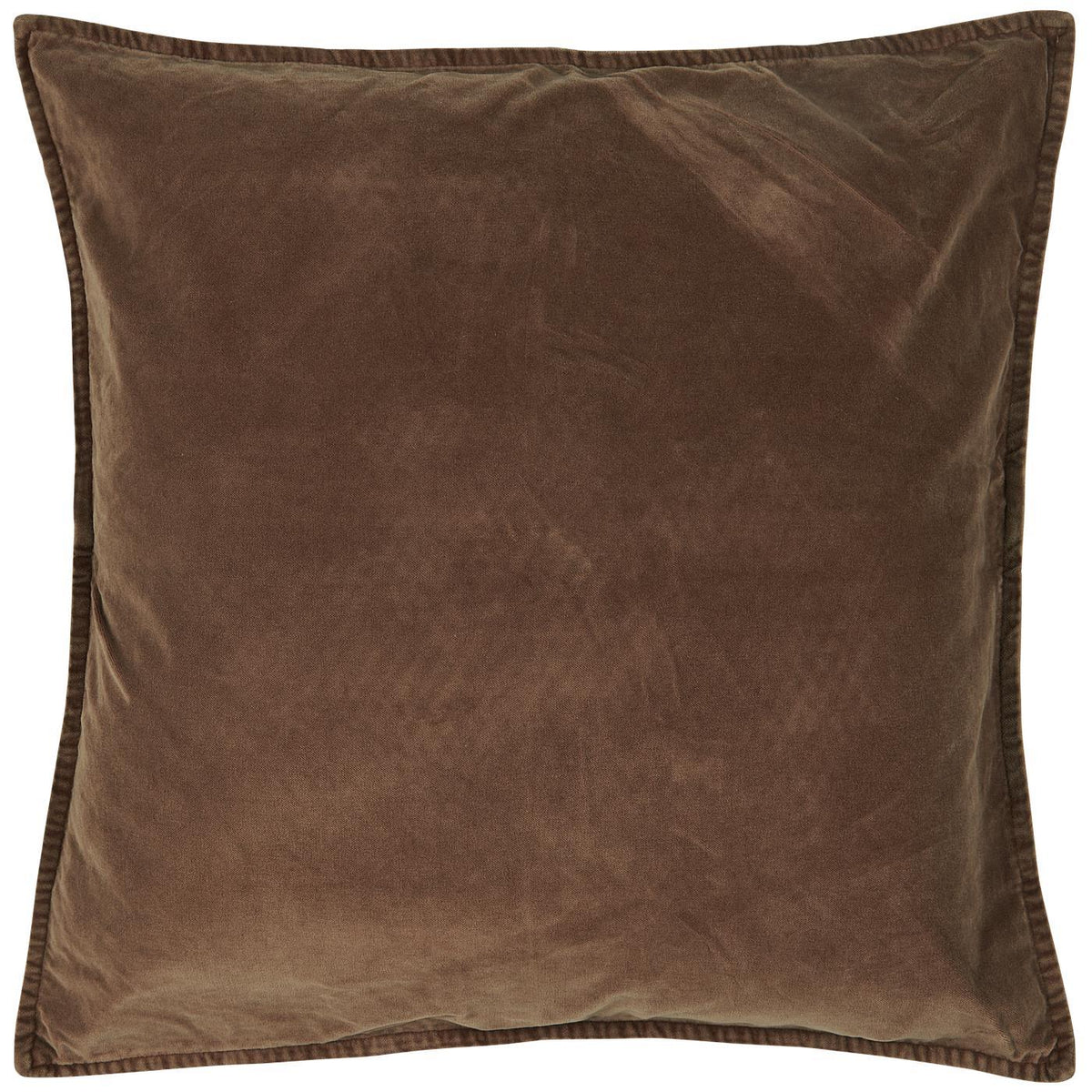 Folded chocolate brown velvet cushion cover with a piped edge on a white background