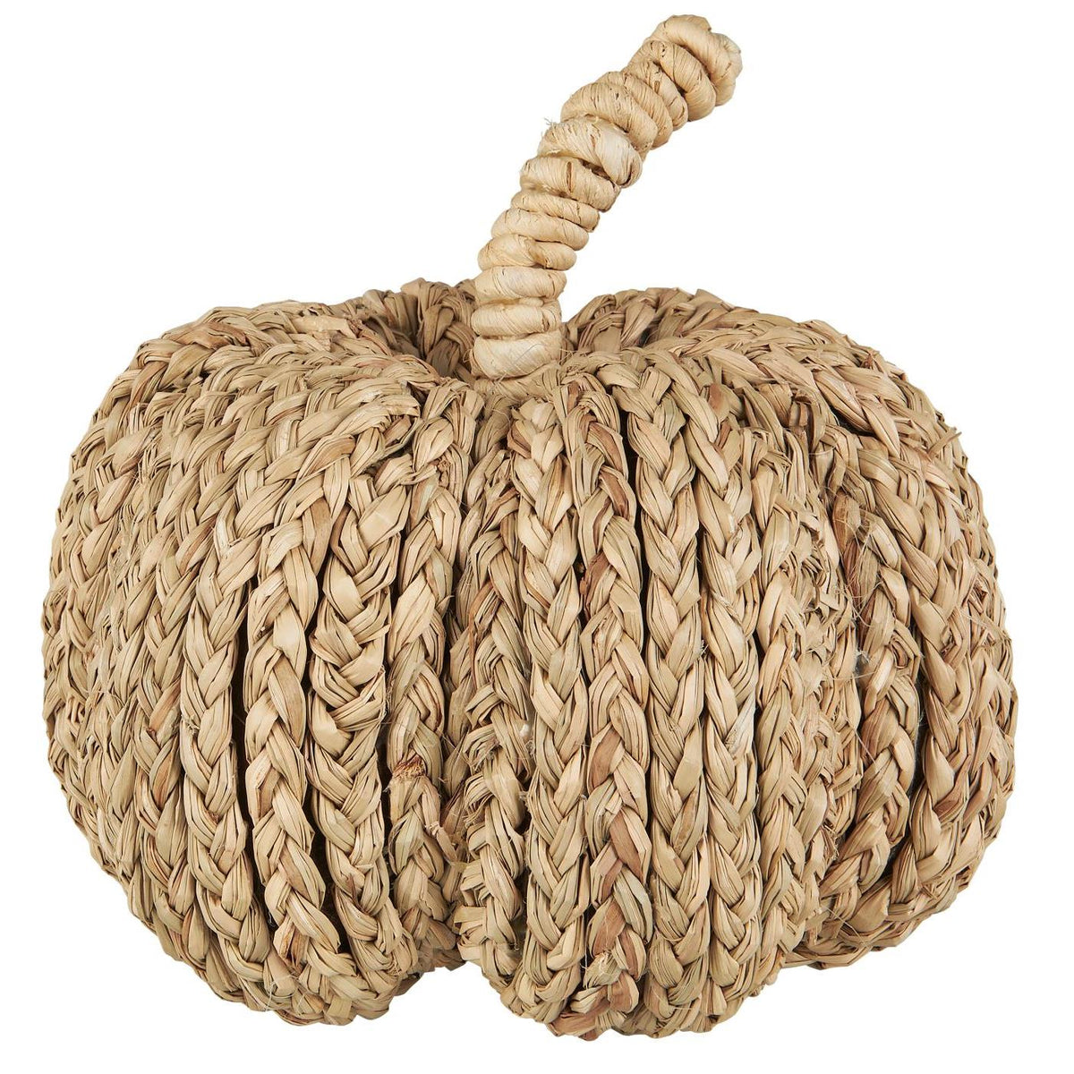 Woven seagrass deco pumpkin with a coiled seagrass stem, shown on a white background