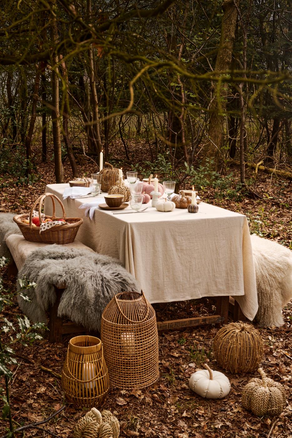 Rattan lanterns, a woven basket, and seagrass and fabric pumpkins on fallen leaves in front of a forest dining table