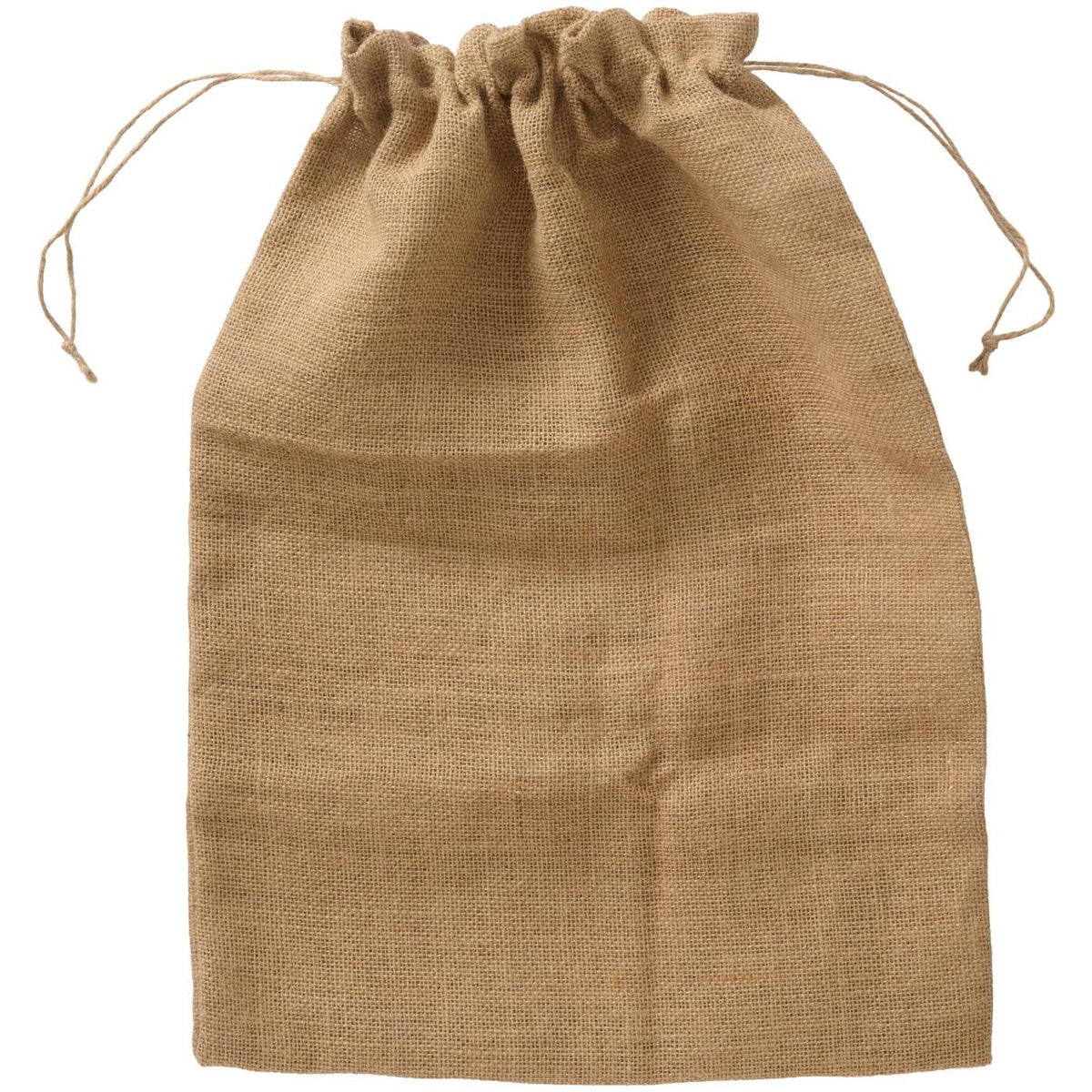 Large natural jute drawstring gift sack on a white background