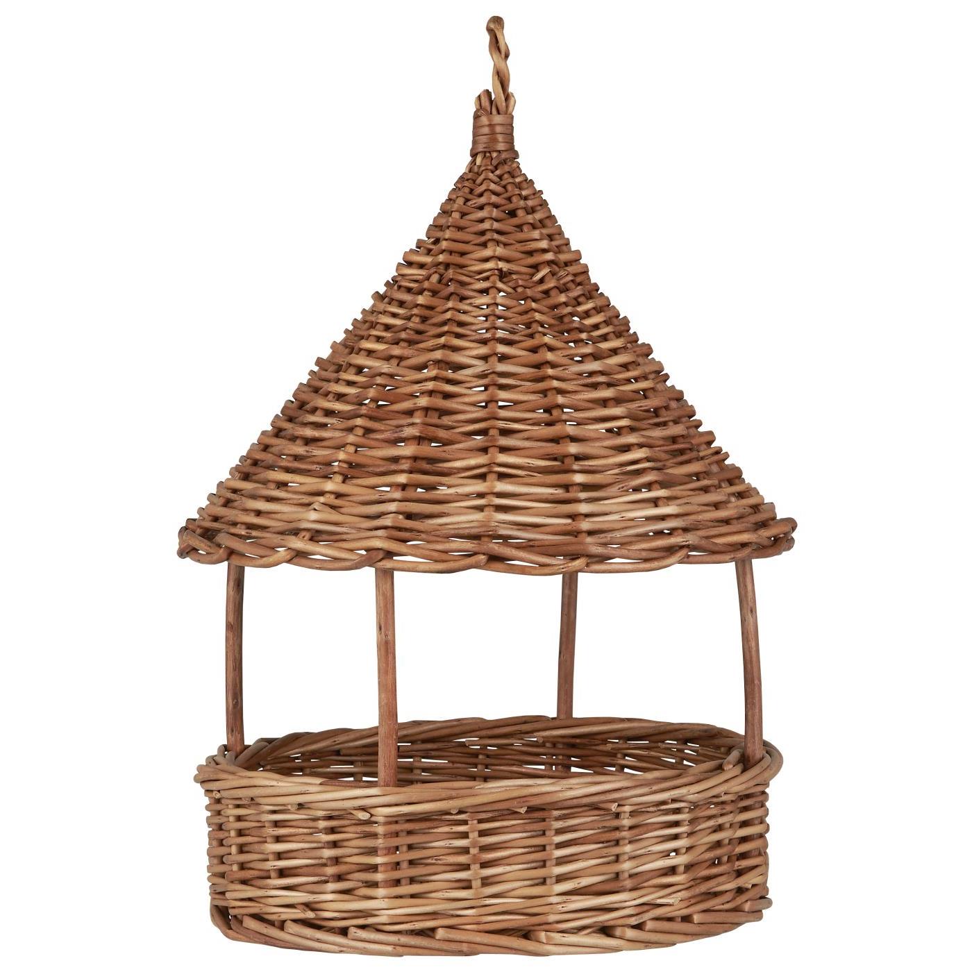 Wicker bird feeder with a conical roof on a white background