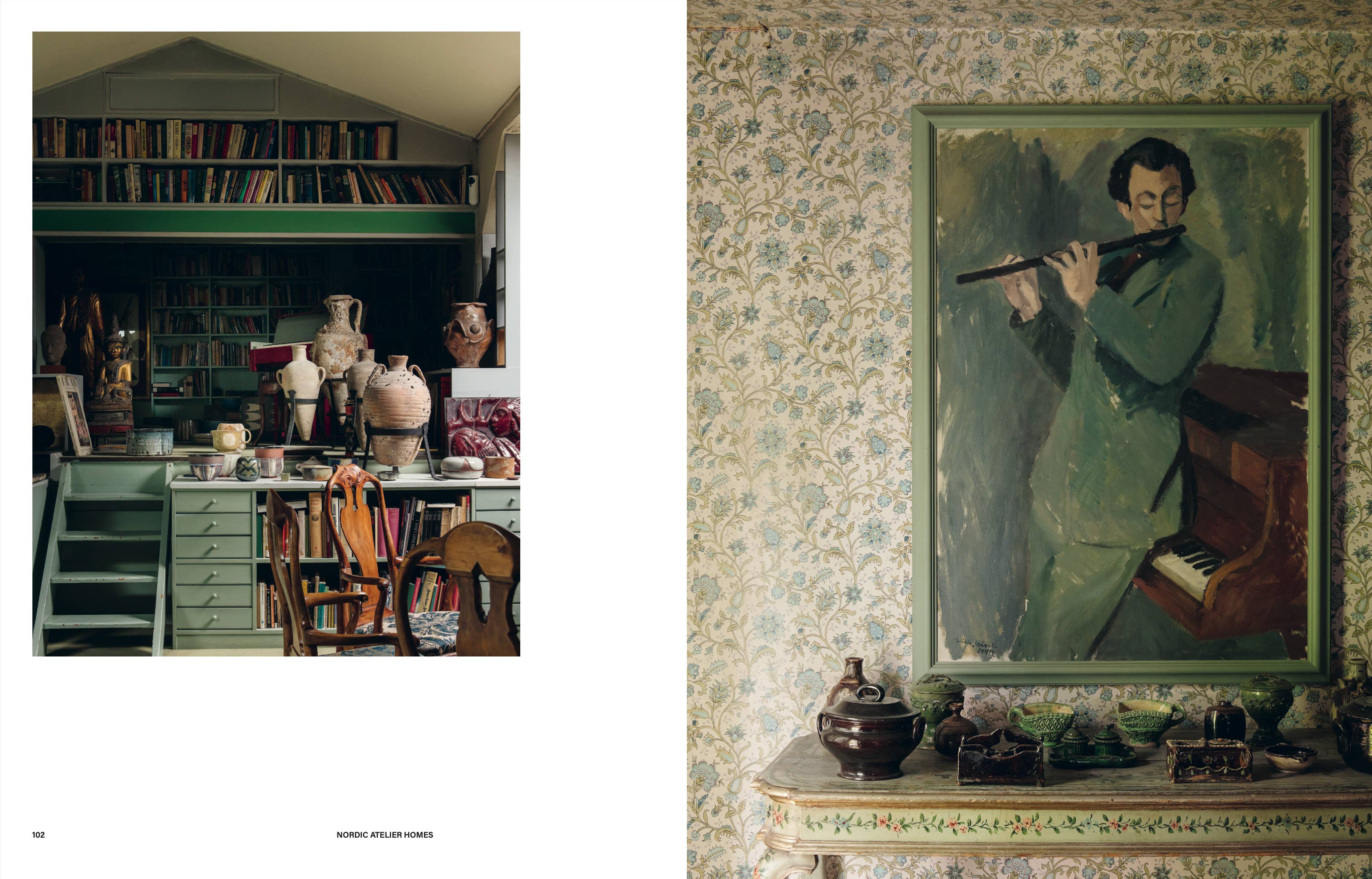 Room interior with a painting of a man playing a flute on a wall, books, and decorative items.