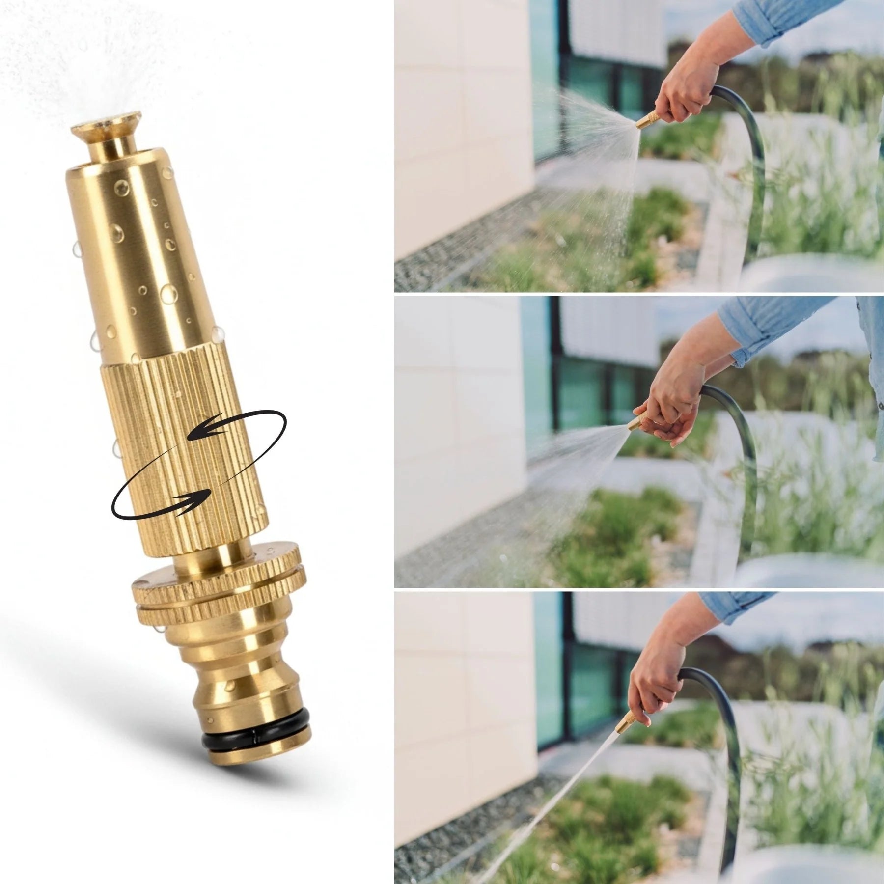 Gold garden nozzle with close-up details and a person using it to water plants.