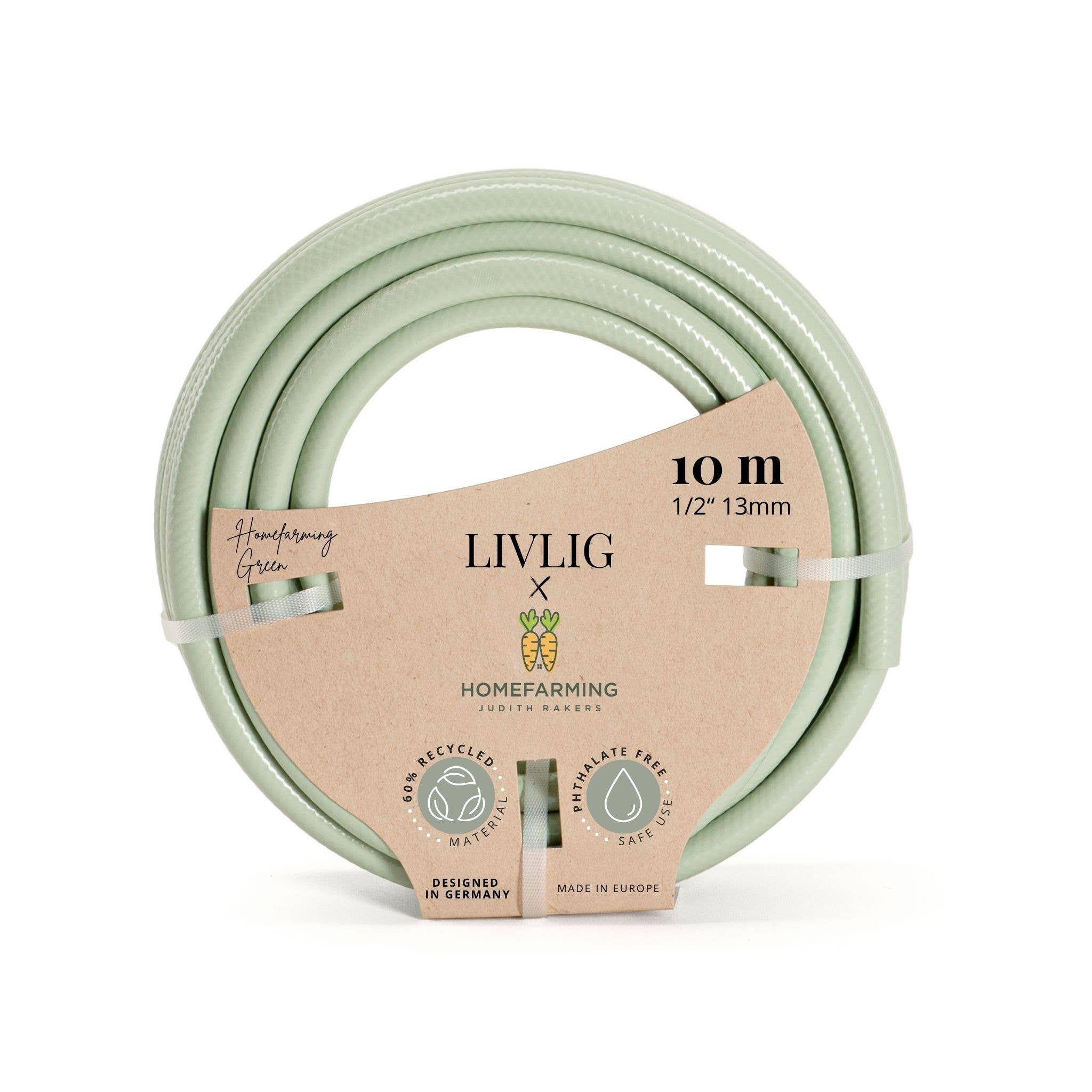 Light green garden hose with a brown label on a white background