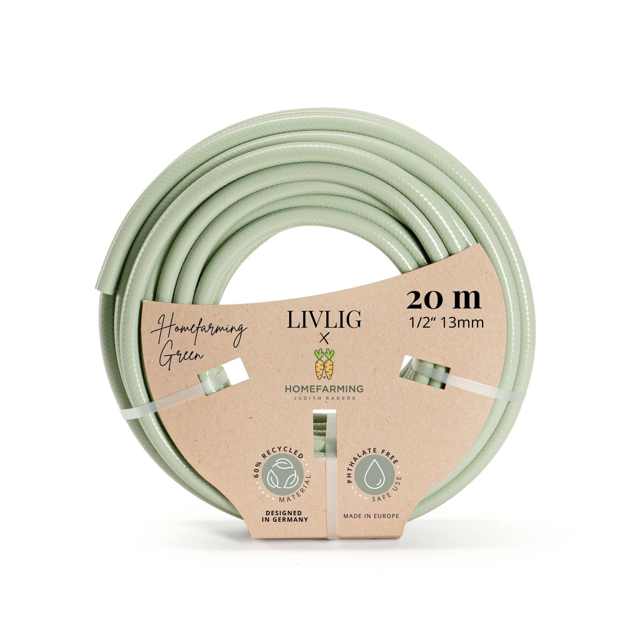 Green garden hose with LIVLIG branding on a white background