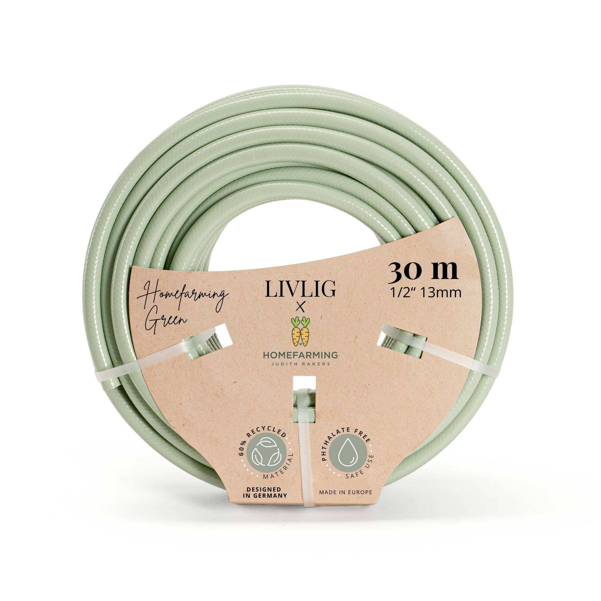 Green hose with LIVLIG label on a white background