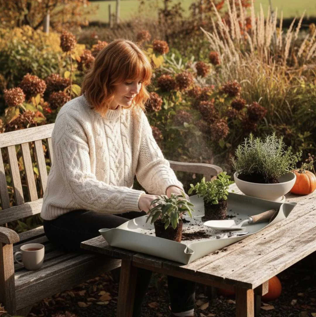 Woman gardening in a garden setting with plants and tools on a table.