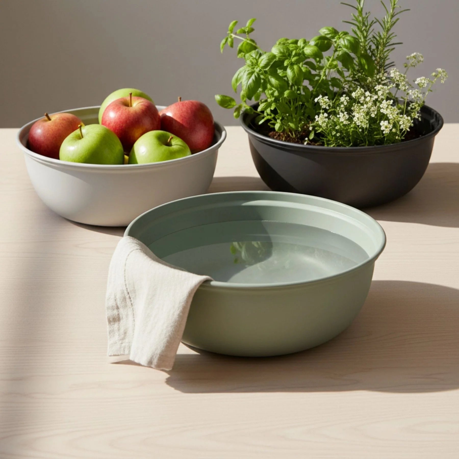 Green bowl with water, a white bowl with apples, and a black pot with plants on a light surface.