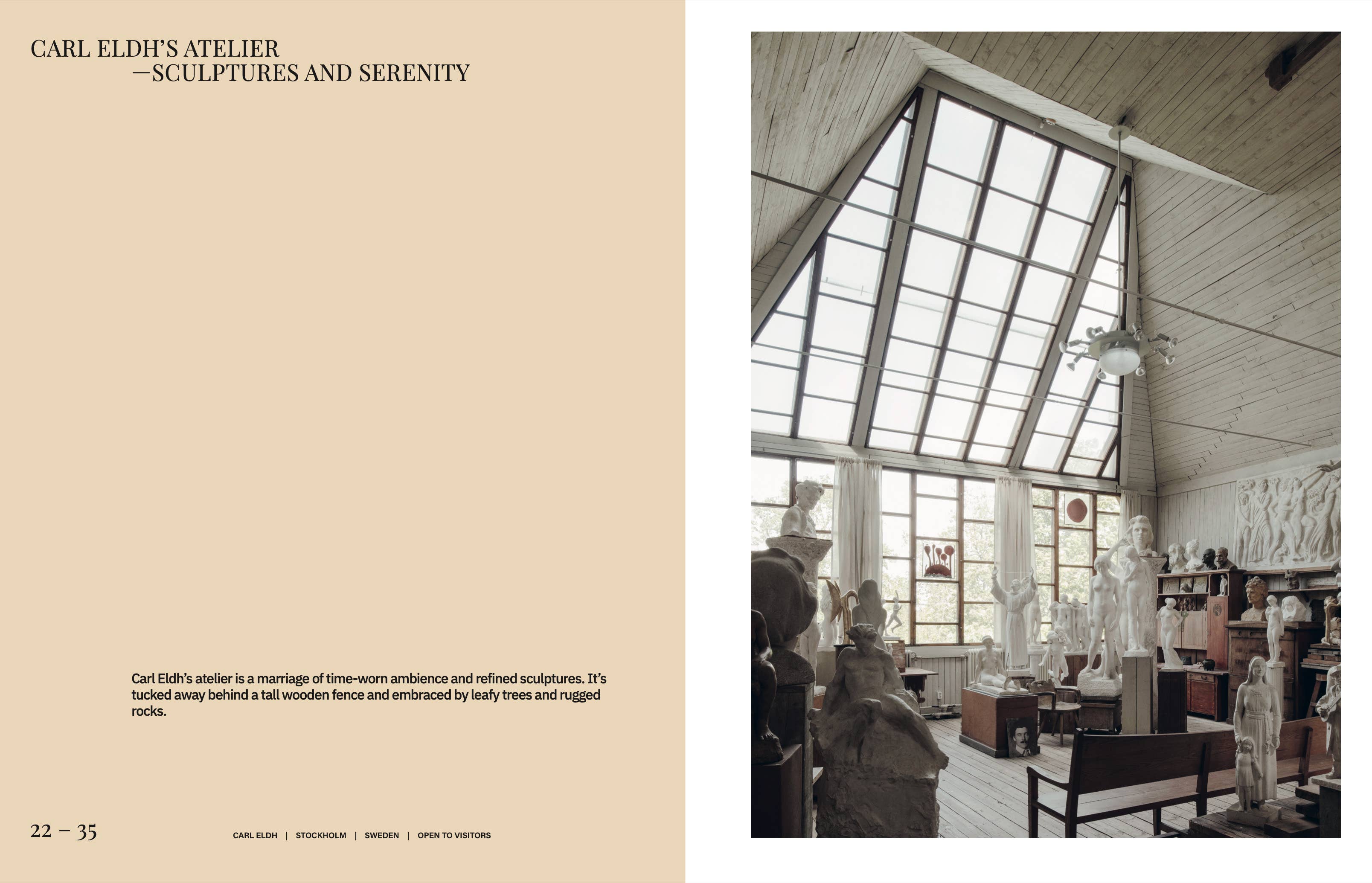 Interior of a sculpture studio with large windows and various sculptures on shelves.