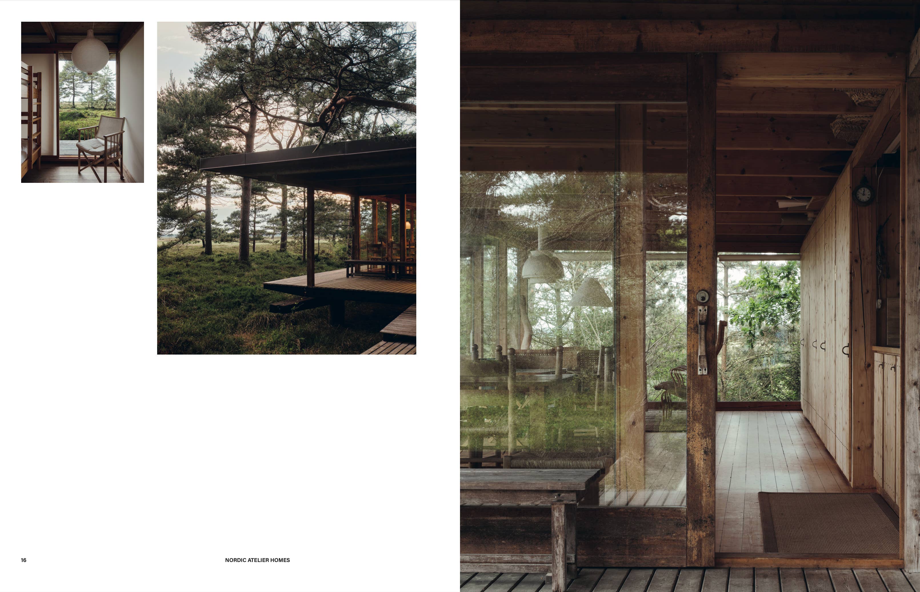 Modern cabin in a forest with glass doors and wooden interior.