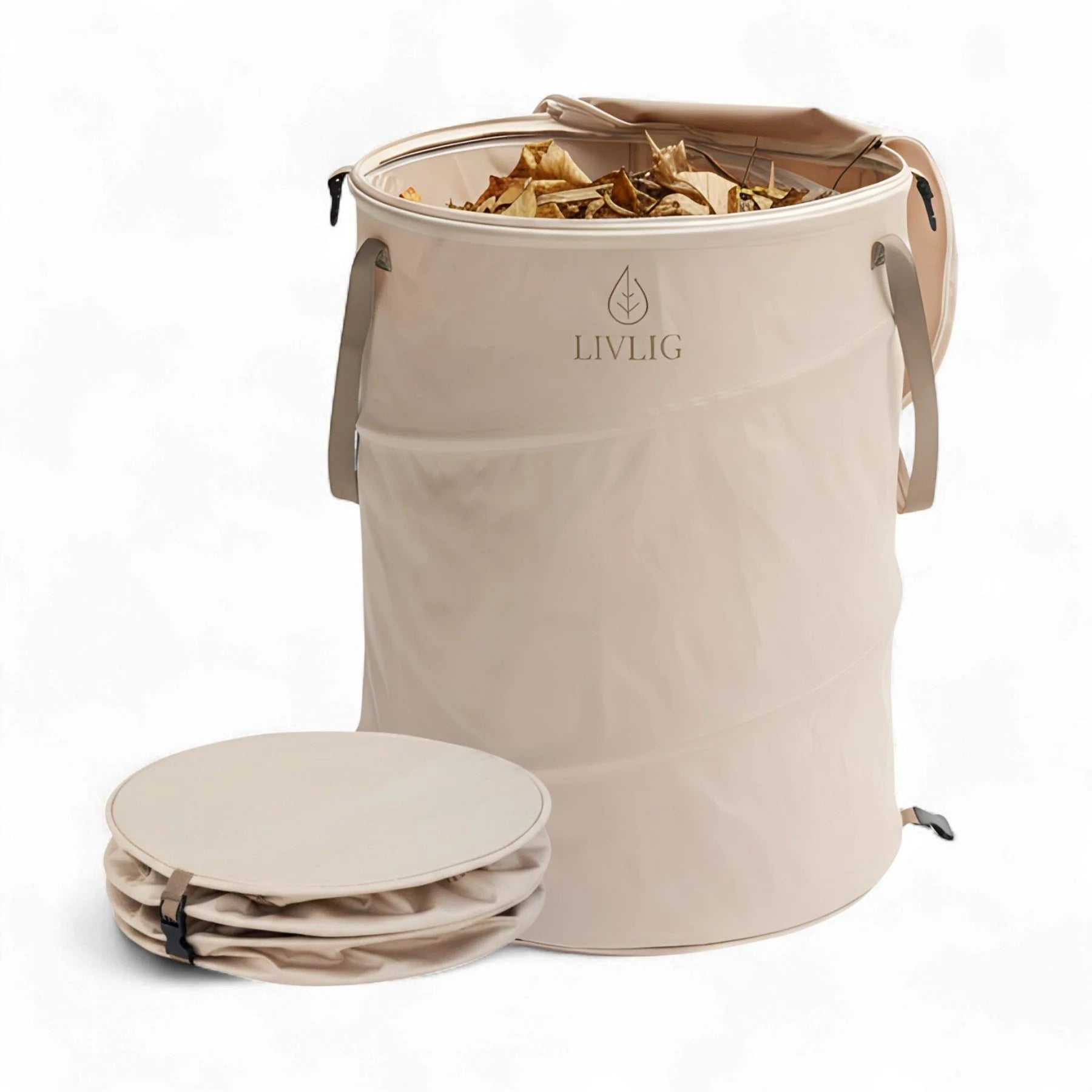 Beige compostable bag with a lid, featuring the LIVLIG brand logo, on a white background.