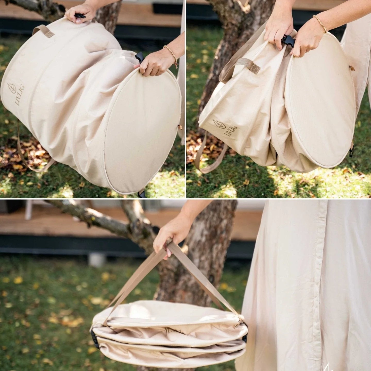 Collage of a beige bag being held by a person outdoors.