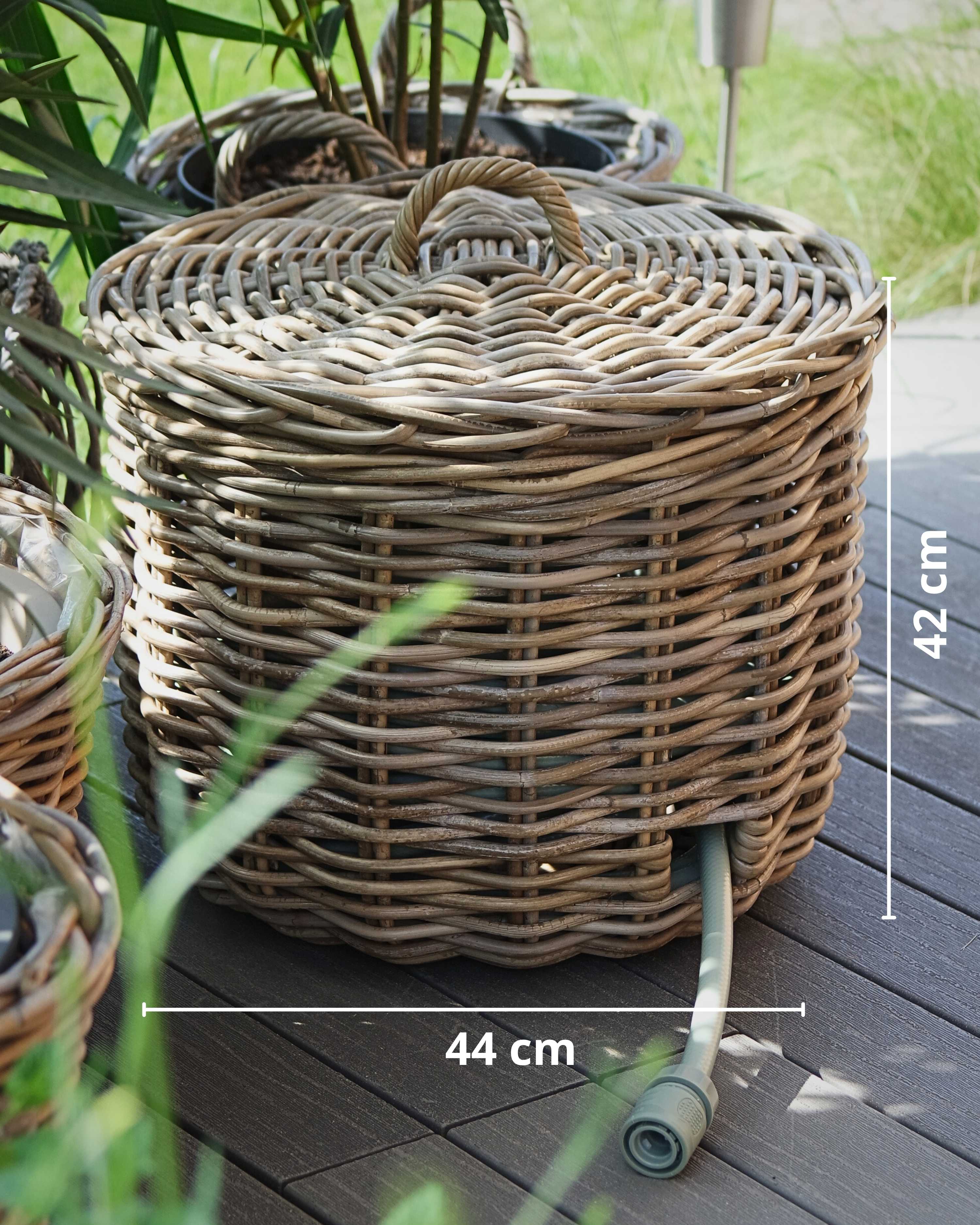 Wicker basket on a wooden deck with dimensions indicated