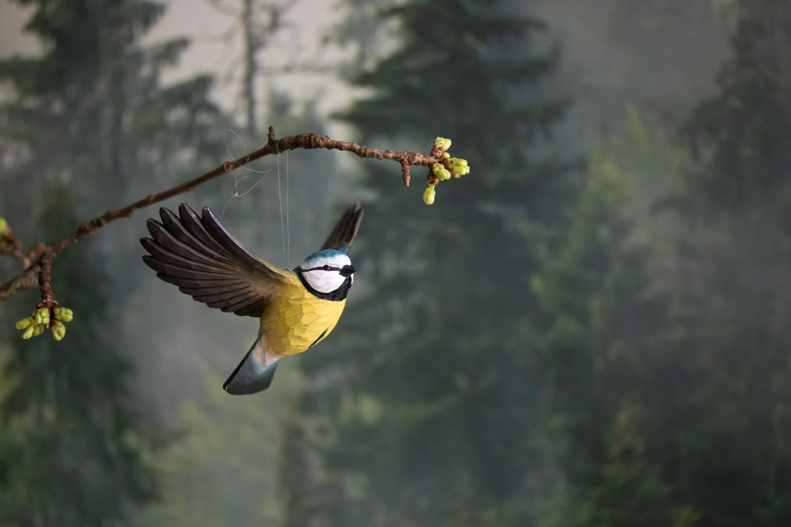 Carved Flying Blue Tit