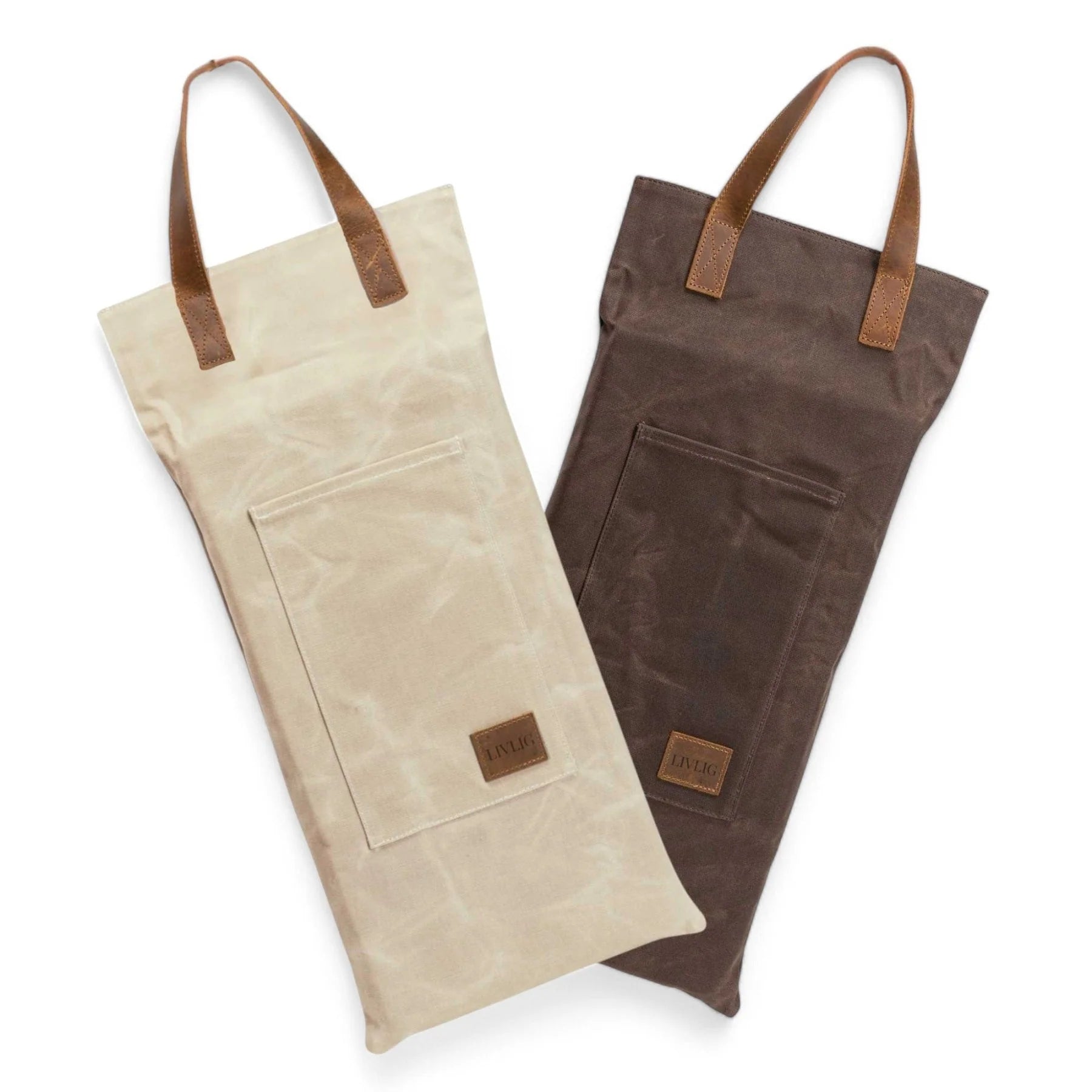 Two waxed cushions, one beige and one brown, with leather straps on a white background.
