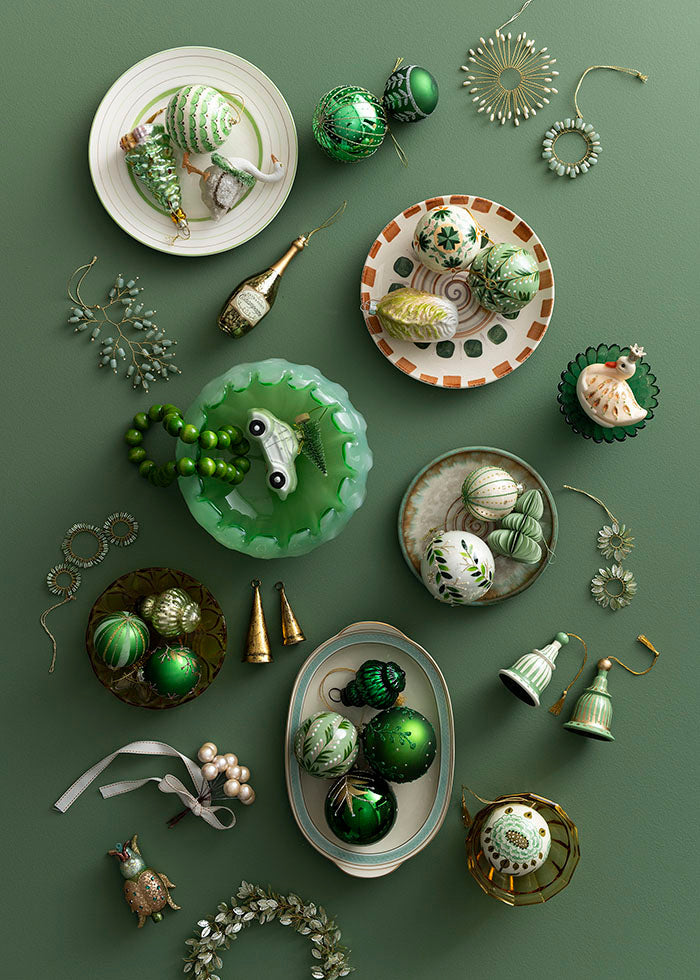 Papier Mâché Bells Gaya Green/White - Set of 2
