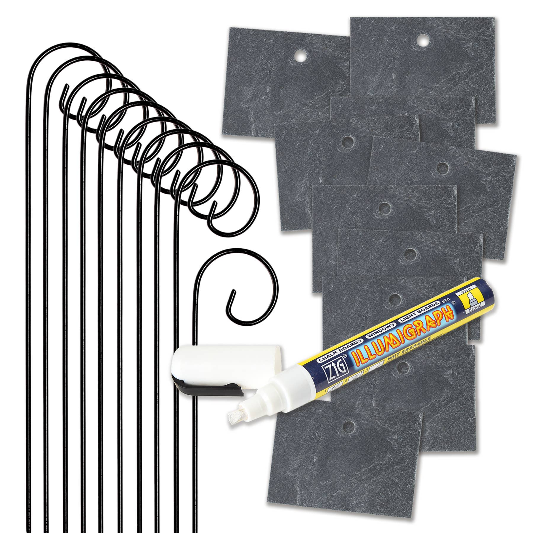 Set of 10 Slate Labels with Label Holders + White Chalk Marker