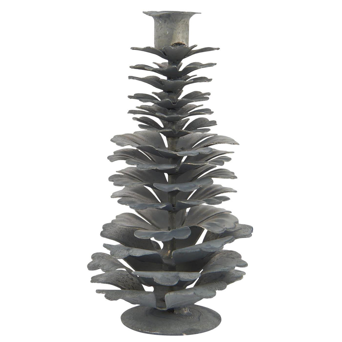 Tall grey metal pinecone-shaped candle holder with a candle socket on top, on a white background