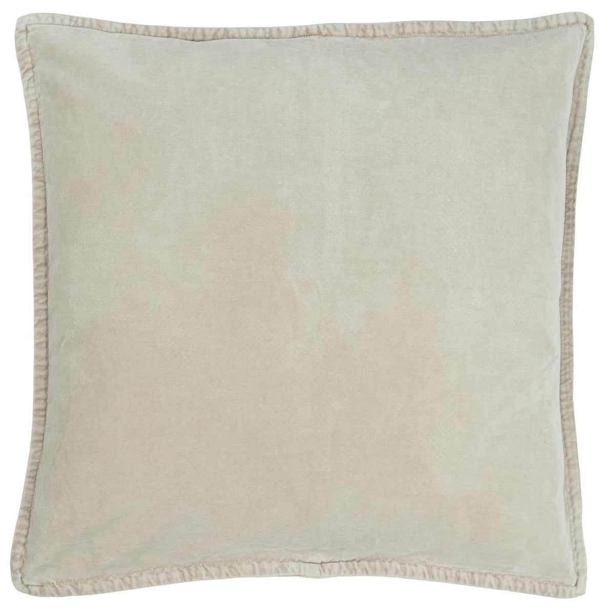 Light stone-grey stonewashed cotton velvet cushion cover with piped edges, on a white background