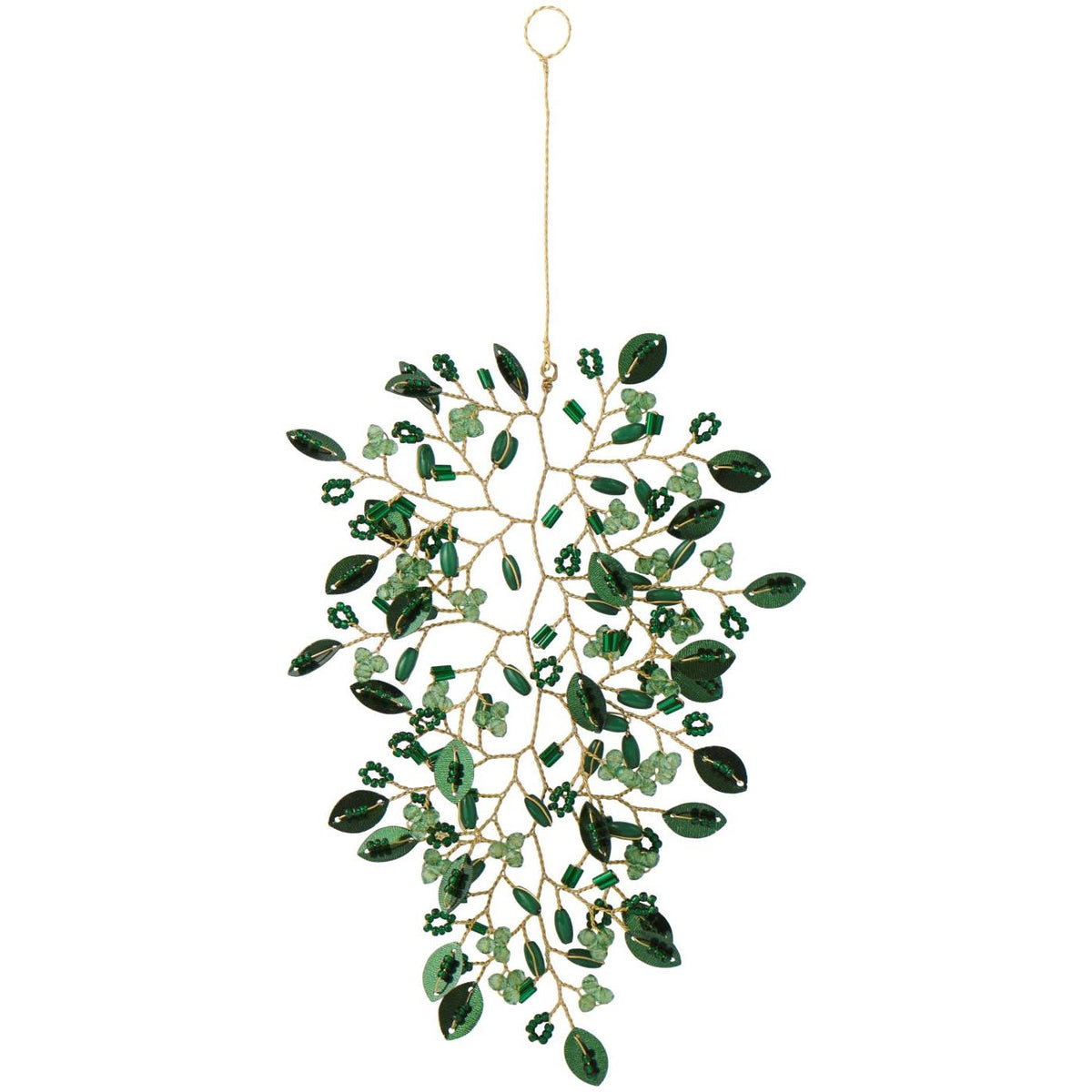 Leaf-shaped hanging ornament with green beads and gold wire branches on a white background