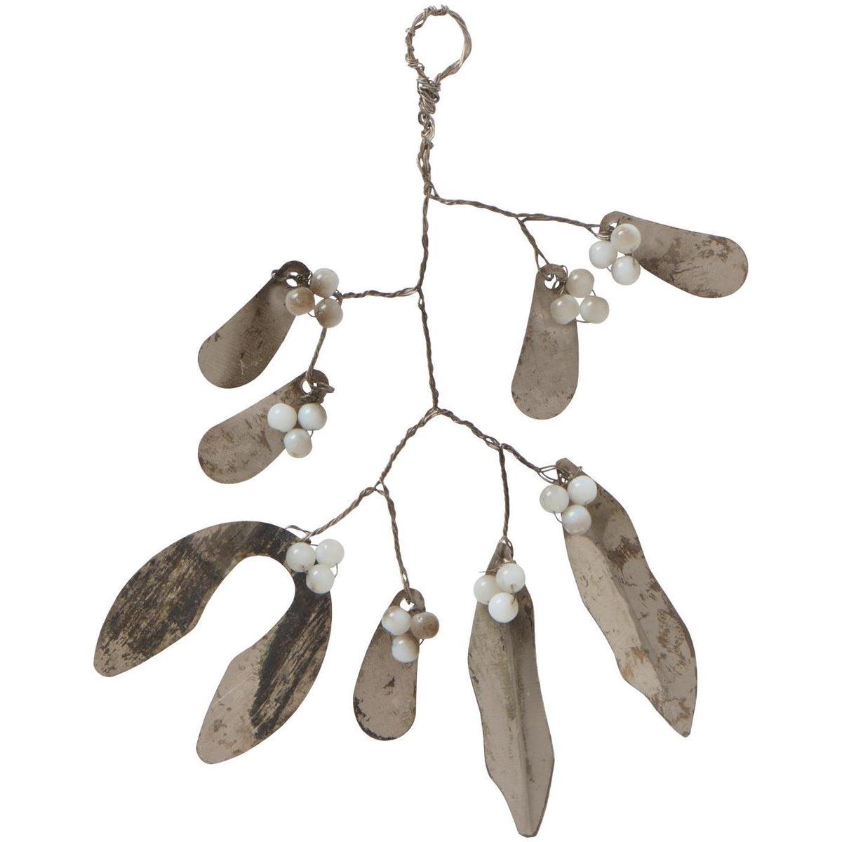 Metal mistletoe hanging ornament with weathered silver-grey leaves and clusters of pale beads on twisted wire branches, on a white background