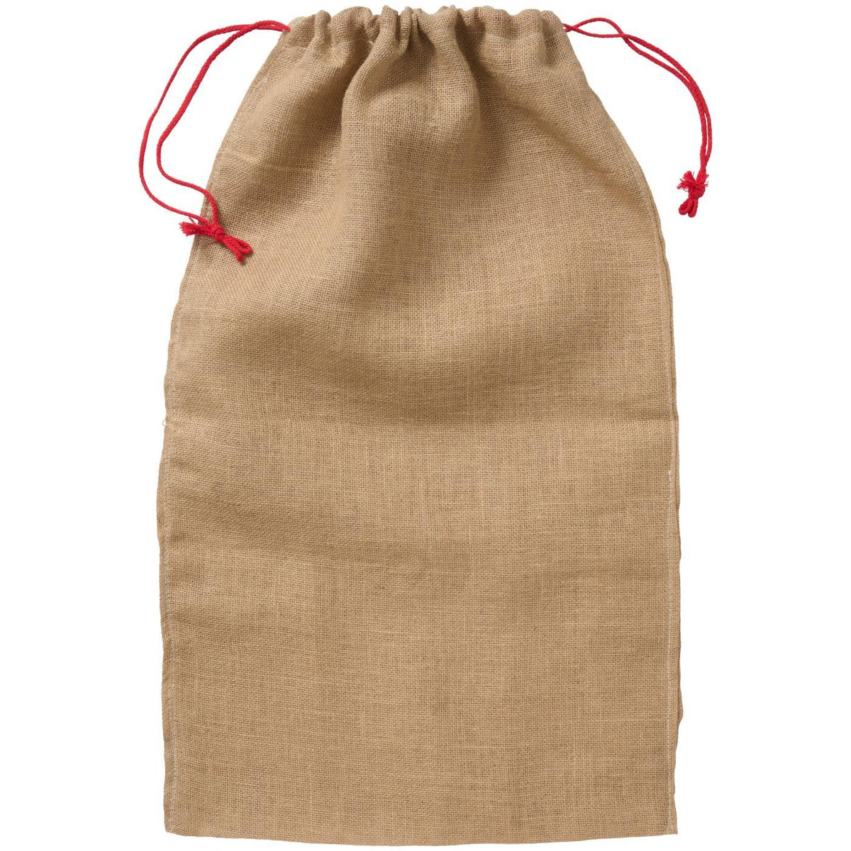Tan jute Santa sack with red drawstring cords on a white background